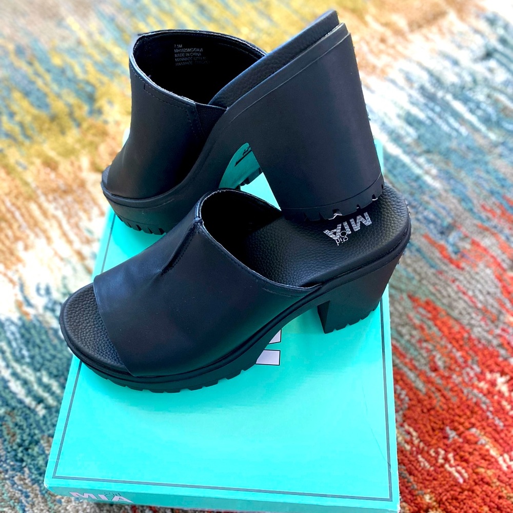 MIA - Black Lug Sole Slip on Heels - Brand New